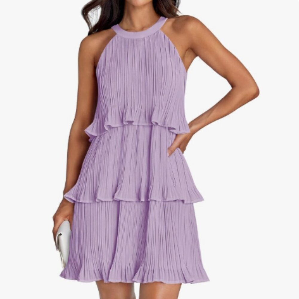 NWT Lilac Pleated Tiered Dress – Sleeveless Halter Neck - Picture 6 of 6